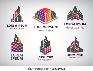 vector set of colorful buildings, houses logos, icons isolated. Editable