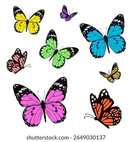 Vector set colorful butterflies illustration on white background includes yellow, blue, green, pink, orange, and purple butterflies in flight. Isolated, vibrant, decorative. Clipart. EPS 10