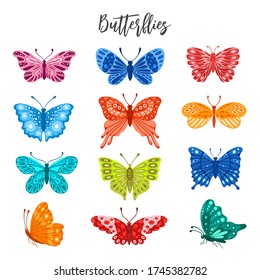 Vector set of colorful butterflies isolated on white background. Pretty vector butterfly set with spring palette for decoration
