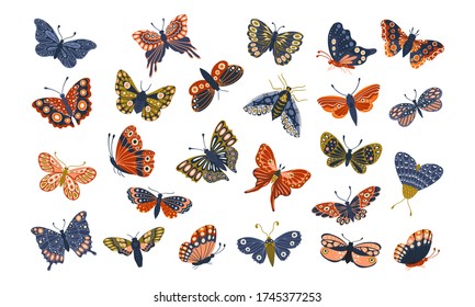 Vector set of colorful butterflies and moths isolated on white background. Pretty vector butterfly set with spring palette for decoration