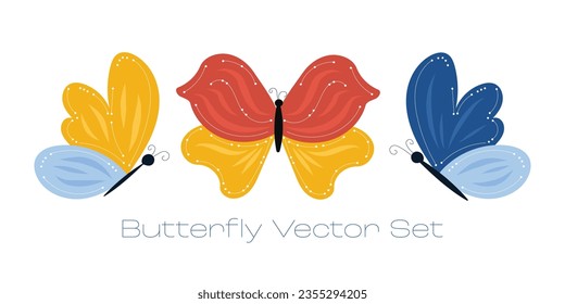 Vector set of colorful butterflies. Yellow, blue and orange butterflies. Set of tropical flying insects. Element for autumn and spring banners and web