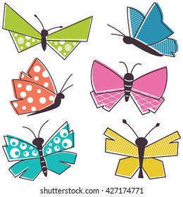 Vector set of colorful butterfly isolated on white background. Collection of doodle retro style summer fly insects. 