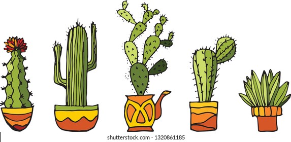 Vector set of colorful cactus plants in colored pots. Exotic and Topical Plants - Cacti for design isolated on white background. Flat illustration. 