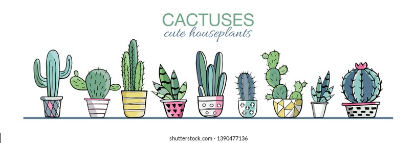 Vector set of colorful cactus plants in colored pots with outlines. Exotic and Tropical Plants - Cacti for design isolated on white background. Hand drawn cactus for design. Vector EPS10