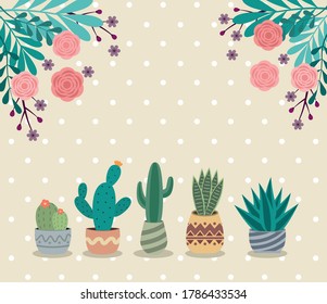 Conjunto vectorial de coloridas plantas de cactus y hermoso ramo de flores