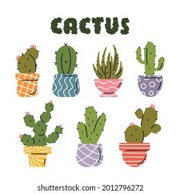 Vector set of colorful cactus plants in colored pots with outlines. Exotic and Tropical Plants - Cacti for design isolated on white background. Hand drawn cactus for design. Vector EPS10