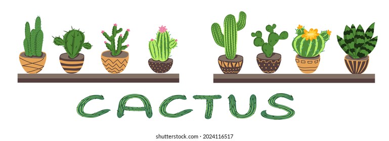 Vector set of colorful cactus plants in  pots. Exotic and Tropical Plants - Cacti for design isolated on white background. Hand drawn vector illustration.