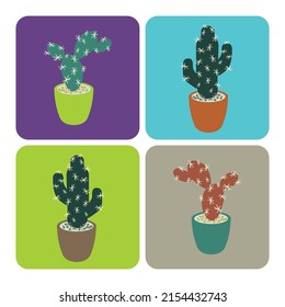 Vector set of colorful cactus plants in colored pots. Home plants cactus in pots.  Exotic and Tropical Plants - Cacti for design isolated on white background. Hand drawn cactus for design. Cactus logo