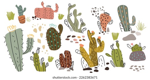 Vector set of colorful cactus plants in colored pots with outlines. Exotic and Tropical Plants - Cacti for design isolated on white background. Hand drawn cactus for design.