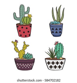 Vector set with colorful cactuses and succulents in pots