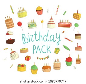 Vector set of colorful cakes with candles, balloons, presents. Birthday collection. Bright and cheerful  pack of sweet bakery goods. Colored drawing of cakes and candies.