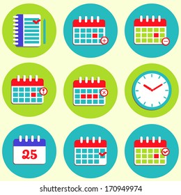Vector set of colorful calendar and clock icons in the different color circles
