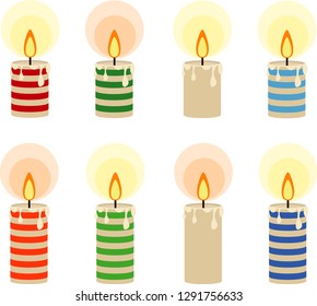 Vector set of colorful candles. Burning candles with stripes of different colors and ordinary.