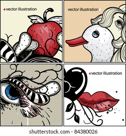 vector set of colorful cards with fantasy lips,eyes,plants and berryes