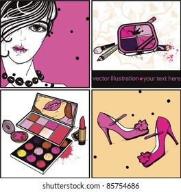 vector set of colorful cards with a fashion girl ,smart shoes and colorful eyeshadow