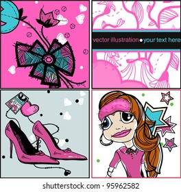 vector set of colorful cards with fashion shoes, flowers and a cartoon girl