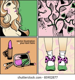 vector set of colorful cards with a girl,make up and funny green  shoes
