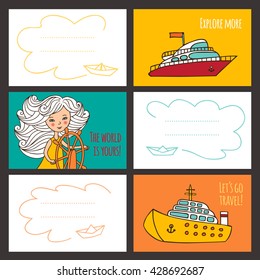Vector set of colorful cards. The theme of the sea and travel. Kids and crafts hand drawn in doodle style. Collection of templates for printing. Sketch cute girl with the steering wheel.