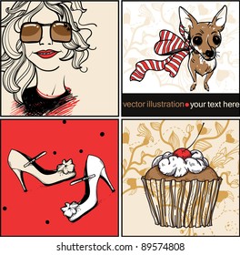 vector set of colorful cards with a young girl, little dog,  fashion shoes  and a yummy cake