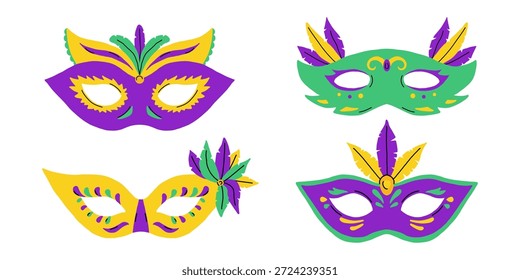 Conjunto de Vector de máscara de carnaval de Mardi Gras con pluma en color verde, púrpura y amarillo tradicional. Colección festiva de accesorios de disfraces de mardi gras para diseño de fiesta.