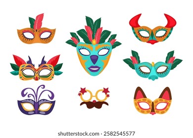 Vector set of colorful carnival masks. Collection of ethnic elements of carnival costume. for the Mardi Gras holiday. Animalistic masks of a bull and a cat.