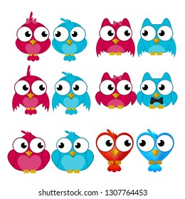 Vector Set of Colorful Cartoon Birds, Birds in love vector, Cute couple lovers birds Valentine's day concept. Vector illustration of a trendy cartoon style - Vector