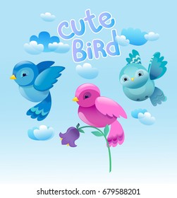 Vector set of colorful cartoon birds, cute birds vector illustration.