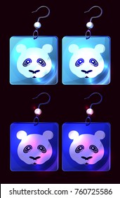 Vector set of colorful cartoon earrings; isolate earrings icons on black background; vector jewelry on black; polar bear image on square; fashion women jewellery design; 
cute plastic hemal earrings.
