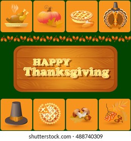 Vector set of colorful cartoon elements for Thanksgiving day. Autumn and thanksgiving food and symbols. Includes pumpkin, leaf, rowan, acorn, mushroom, pilgrim hat, pie, roast turkey.