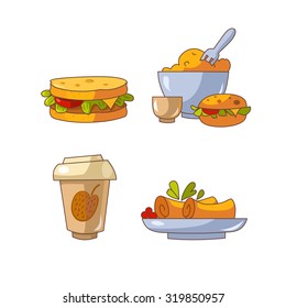 vector set of colorful cartoon food icons, isolated on white