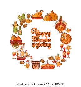 Vector set of colorful cartoon icons for Thanksgiving day. Collection traditional Fall and Thanksgiving elements. Happy Thanksgiving lettering isolated on white.