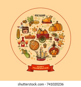 Vector set of colorful cartoon icons for Thanksgiving day. Collection traditional Fall and Thanksgiving elements.