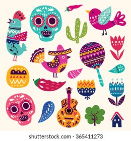 Vector set of colorful cartoon objects and icons about Mexico. Illustration with symbols of Mexico