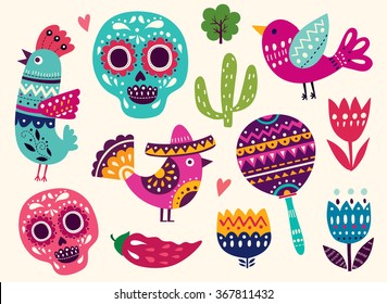 Vector set of colorful cartoon objects and icons about Mexico. Illustration with symbols of Mexico