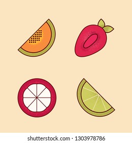 Vector Set of colorful cartoon pieces of fruits icon ( strawberry, papaya, green lemon, mangosteen, Lime )