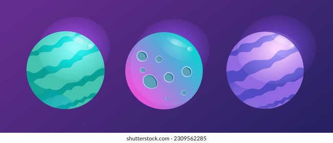Vector set of colorful cartoon planets for game design. Space concept on thr night sky background. 