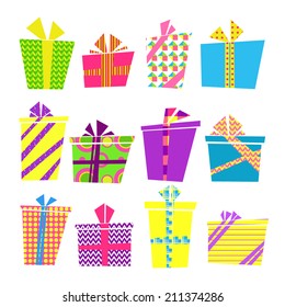 Vector set of colorful cartoon style present boxes with ribbons and bows isolated on white