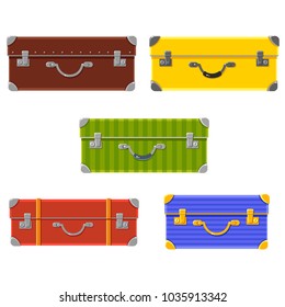 Vector set of colorful cases. Travelling. Summer holidays. Bright baggage. Cute cartoon laggage. Tourist elements.
