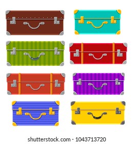 Vector set of colorful cases. Travelling. Summer holidays. Bright baggage. Cute cartoon laggage. Tourist elements.