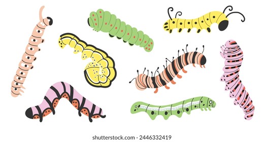 Vector set of colorful caterpillars. Spring caterpillars in different poses. Isolated objects on white background. Hand-drawn illustration, banner. 