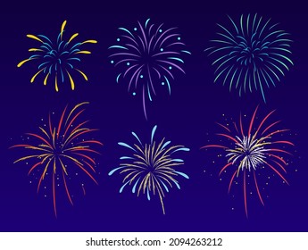 Vector set of colorful celebration festive fireworks for Christmas Party, holiday, New Year party, carnival, Independence day, anniversary. Firework show in dark evening sky.