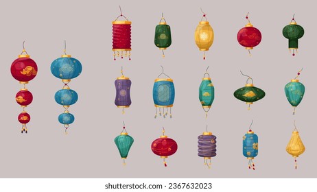 Vector set of colorful Chinese lanterns with ornaments. Symbol of Chinese New Year, Mid-Autumn Festival, Lantern festival. Cartoon styleillustrations for compositions and cards