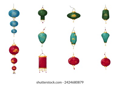 Vector set of colorful Chinese lanterns with ornaments. Symbol of Chinese New Year, Mid-Autumn Festival, Lantern and Spring festival. Illustrations for compositions and cards
