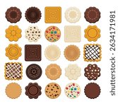 vector set of colorful chocolate and biscuit chip cookies of different shapes on white background