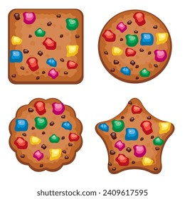conjunto vectorial de galletas de chips de chocolate coloridas de diferentes formas