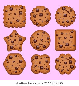 vector set of colorful chocolate chip cookies of different shapes