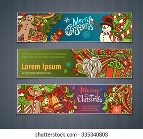 Vector set of colorful Christmas banners. Christmas tree and baubles, Santa sock, hat and beard, mistletoe, gift boxes, snowman, gingerbread man, snowflakes and hand-written text. 