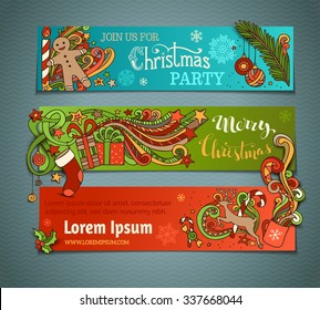 Vector set of colorful Christmas banners. Christmas tree and baubles, Santa sock, hat and beard, holly berries, snowman, swirls, gingerbread man, sweets, bells and ribbons, snowflakes.