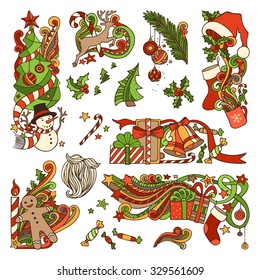 Vector set of colorful Christmas ornaments isolated on white background. Christmas tree and baubles, Santa sock, hat, beard, holly berries, gifts, candy canes, snowman, swirls, gingerbread man, deer.