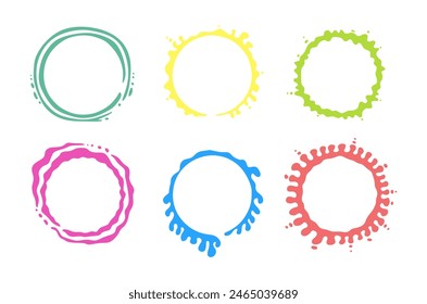 Vector set of colorful circle paint strokes for frames, icons, design elements. Empty space. Six splashes.